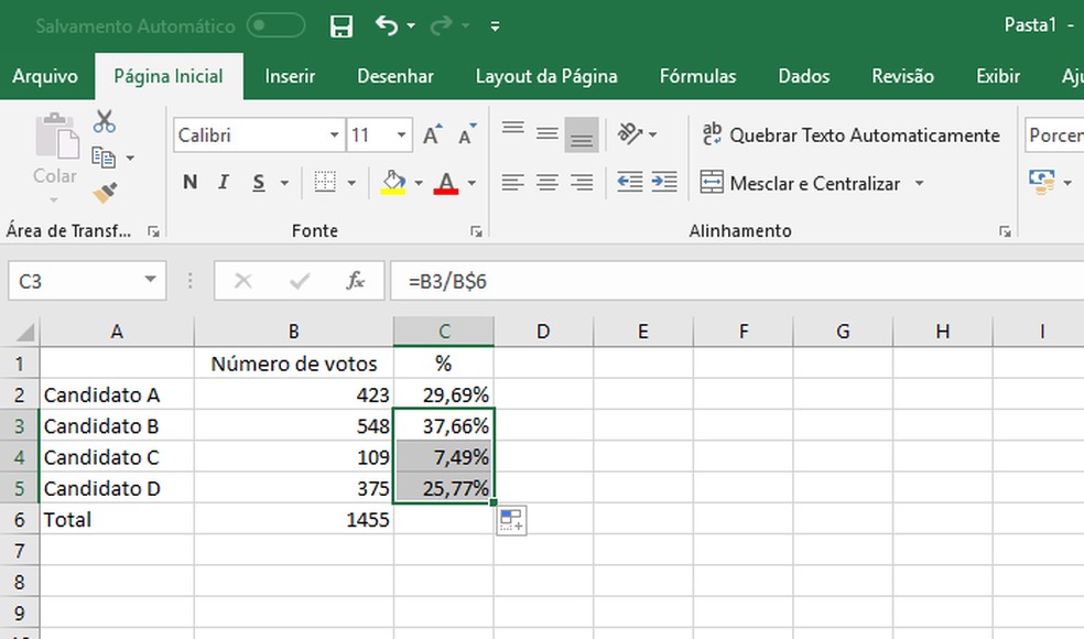 calcular porcentagem excel