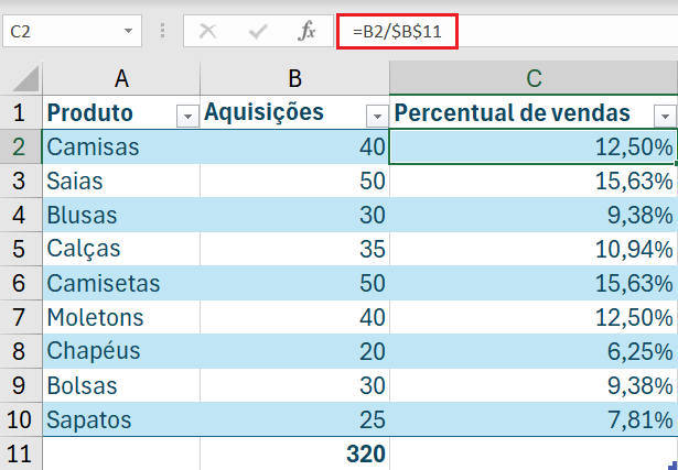 calcular porcentagem excel