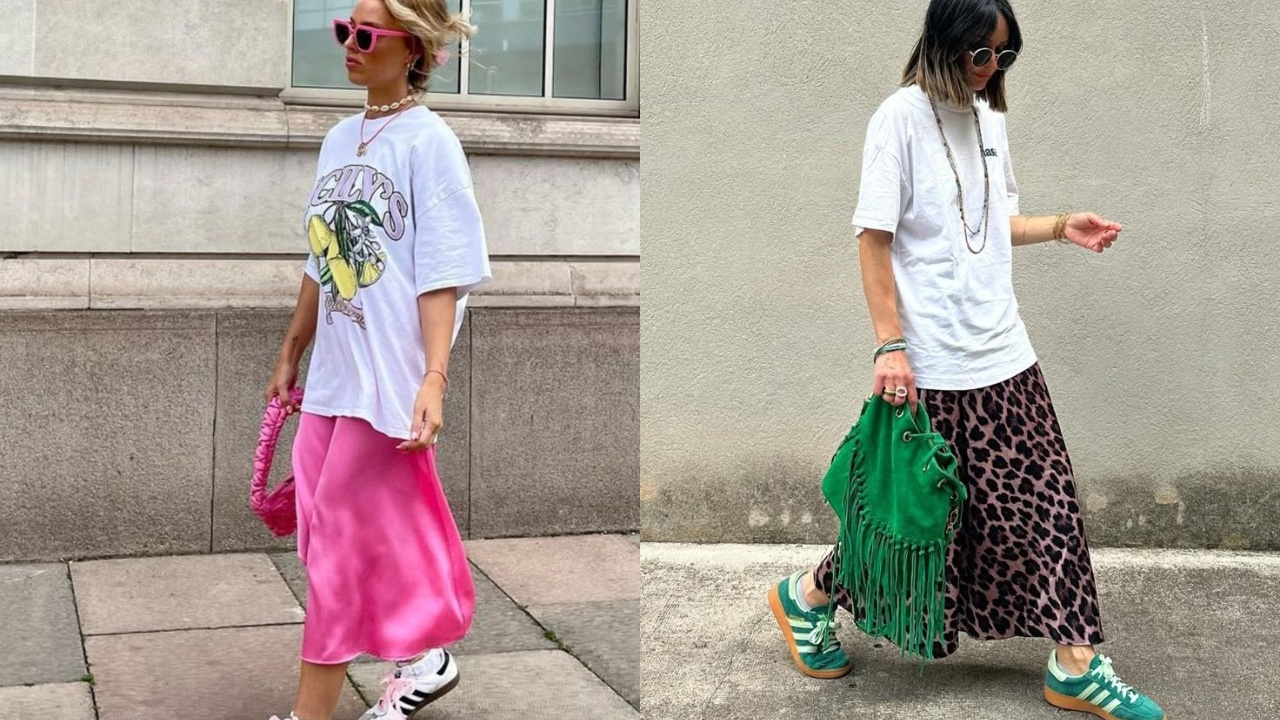 Como usar saia jeans longa com tênis