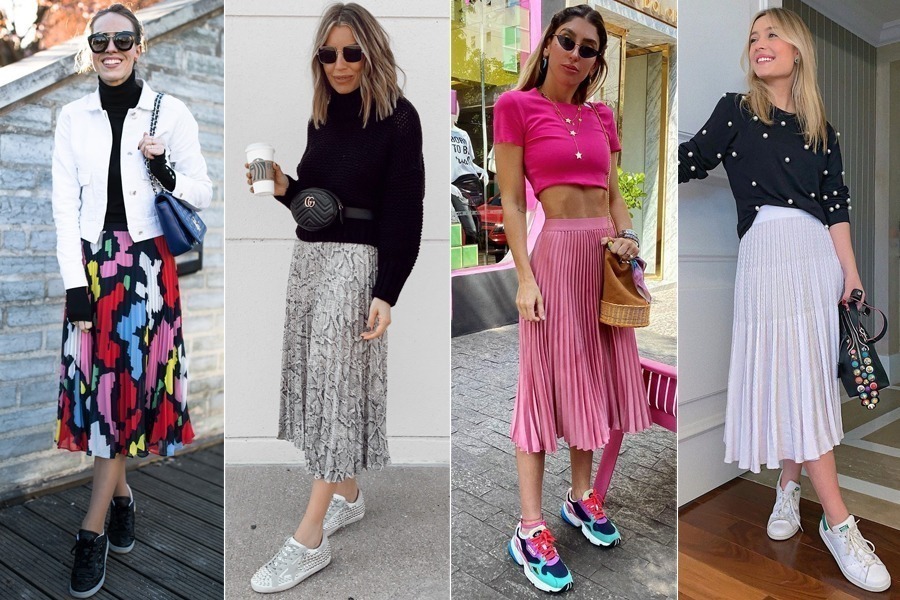 como usar saia midi plissada com tênis