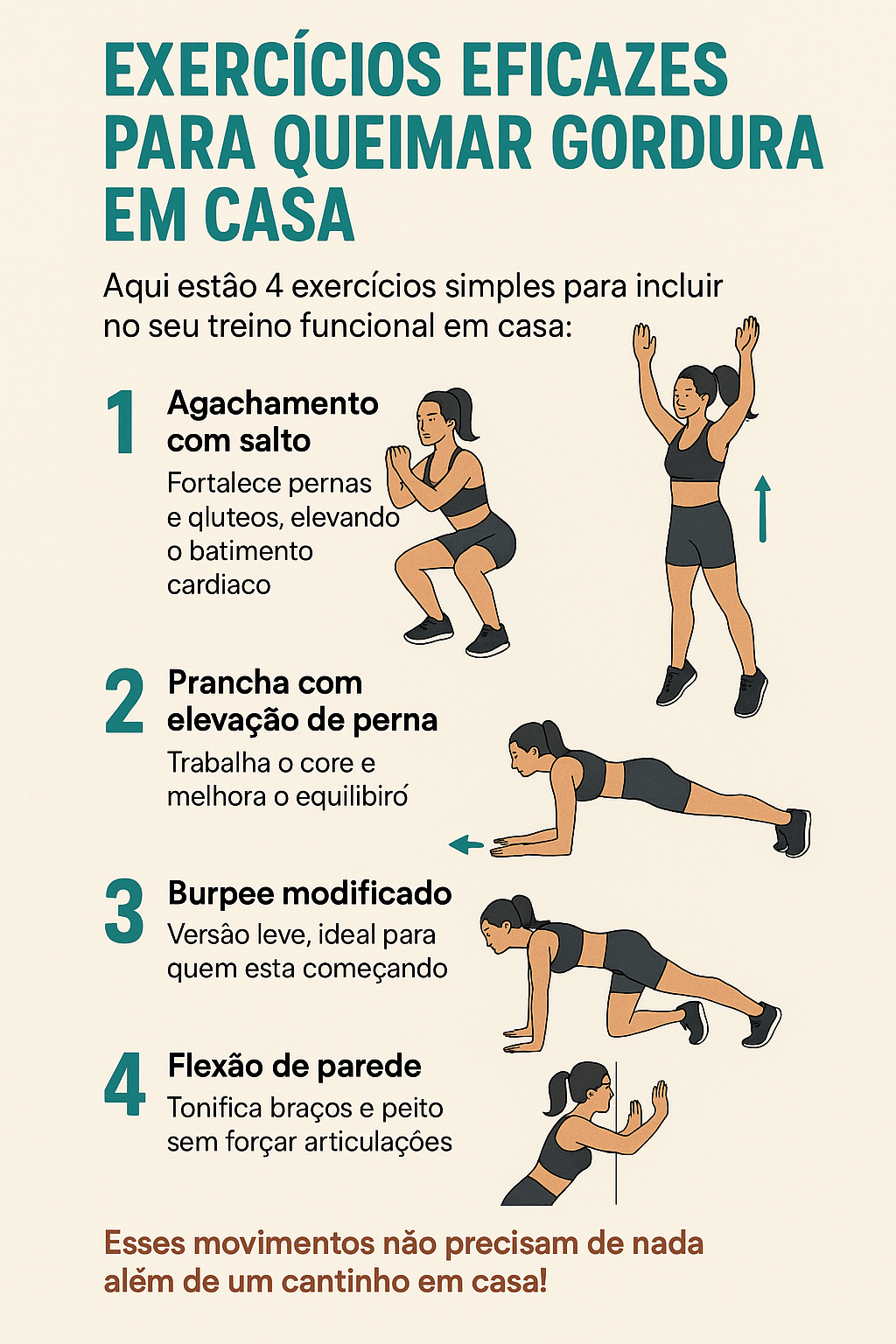 5 ideias de títulos:
1. Guia Completo: Exercícios de Peso Corporal para Fazer em Casa
2. Transforme Sua Casa em Academia: Treinos Eficazes Sem Equipamentos
3. Fortaleça Seu Corpo em Casa: Exercícios Essenciais para Iniciantes
4. Cardio e Força em Casa: Rotina Completa Sem Necessidade de Equipamentos
5. Dicas de Ouro: Como Maximizar Seus Treinos em Casa