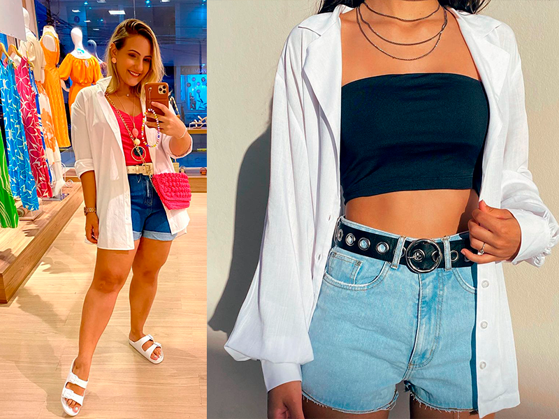 looks com camisa branca aberta e shorts