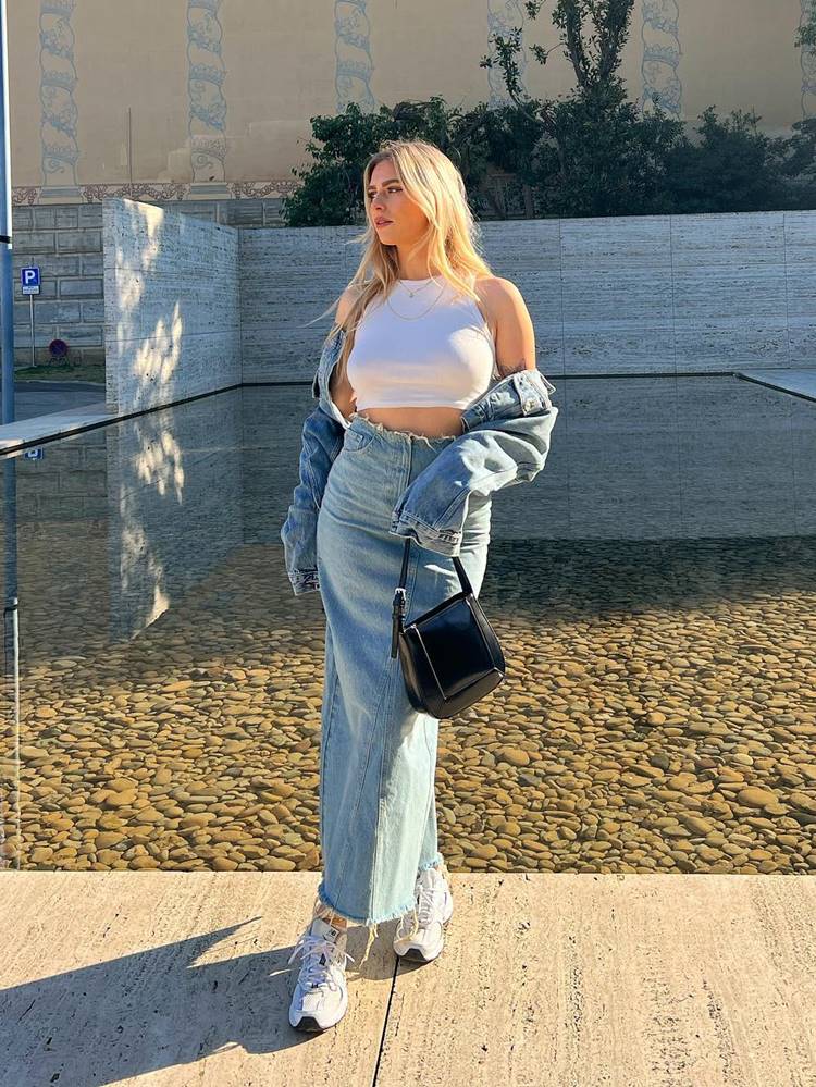 looks de outono com saia jeans longa