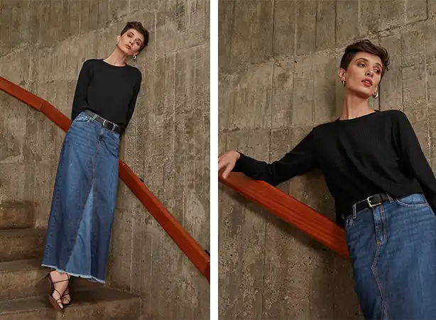10 maneiras de usar saia jeans longa no inverno