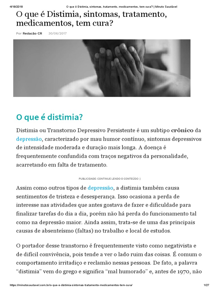 o que é distimia e sintomas