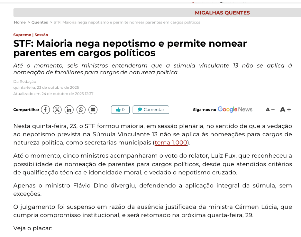 1. Nepotismo na Política: Entenda as Regras e Proibições no Brasil; 2. Súmula Vinculante 13: O Guia Completo sobre Nepotismo no STF; 3. Nepotismo Cruzado e Cargos Políticos: Onde a Lei Permite e Onde Proíbe; 4. Decreto 7.203/2010: Como o Executivo Federal Combate o Nepotismo; 5. A História do Nepotismo: Da Roma Antiga aos Dias Atuais na Política Brasileira